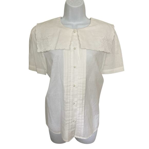 Vintage 80s 90s White Cotton Pan Collar Cottage Preppy Victorian Blouse M/8 - Picture 1 of 6